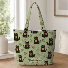 Black Cats Holding Coffee Mugs for Cozy Autumn Style and Thoughtful Cat Lover Gifts Quilted Tote Bag
