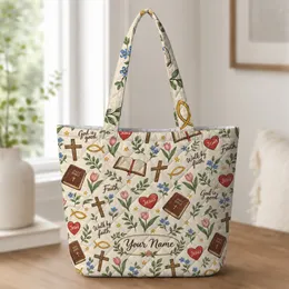 Christian Cross, Bible And Heart Motifs For Church Days And Faithful Everyday Style Quilted Tote Bag