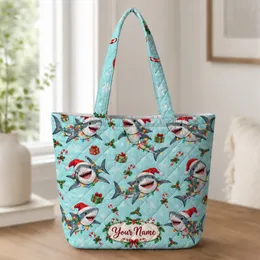 Festive Santa Hat Christmas Sharks and Candy Canes for Beachy Holiday Gift Giving Quilted Tote Bag