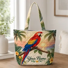 Scarlet Macaw and Palm Tree Sunset Scene for Tropical Getaways and Bird Lovers Quilted Tote Bag