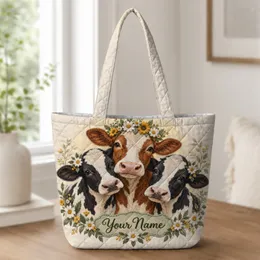 Daisy Crowned Cow Trio for Farmhouse Living, Spring Gatherings and Country Gifts for Her Quilted Tote Bag