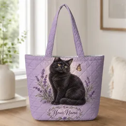 Black Cat Among Lavender Blooms for Witchy Garden Days and Cat Lover Gifts for Women Quilted Tote Bag