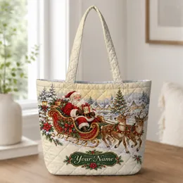 Santa and Reindeer Christmas Scene for Holiday Outings and Seasonal Gifting for Her Quilted Tote Bag