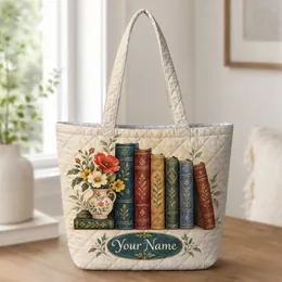 Vintage Bookshelf Vase with Florals for Cozy Reading Nooks and Book Lovers Quilted Tote Bag