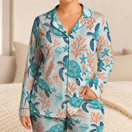 Ocean Turtle and Coral Motifs for Relaxed Coastal Evenings and Beachside Getaways Satin Pajamas Set