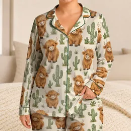 Highland Cow And Cactus Motifs For Cozy Western-Inspired Lounging And Relaxed Weekends Satin Pajamas Set