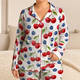 Cherry And Blueberry Fruit Motif for Cozy Evenings and Relaxed Lounging Satin Pajamas Set