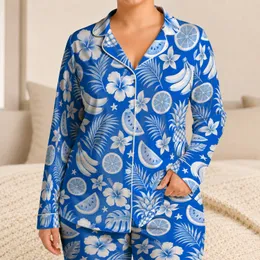 Bright Blue Tropical Pineapple And Watermelon Fruit For Cheerful Summer Lounging Satin Pajamas Set