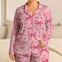 Watercolor Pink Bows and Hearts for Cozy Valentine's Nights and Romantic Self-Care Satin Pajamas Set