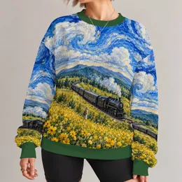Blue Swirl Sky, Golden Wildflower Fields and Vintage Train for Artful Everyday Wear All-over Print Knitted Sweater