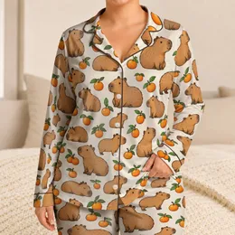 Cute Capybara and Orange Fruit Charm for Cozy Lounging and Relaxed Weekend Mornings Satin Pajamas Set