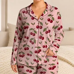Burgundy Cherry Sprigs on Blush Pink for Fresh, Cozy Summer Mornings Satin Pajamas Set