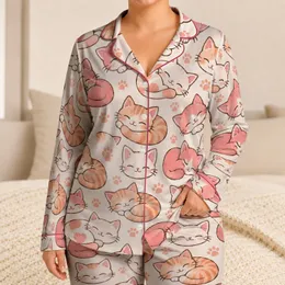 Sleepy Pink Kitten Faces for Cozy Spring and Autumn Lounging at Home Satin Pajamas Set
