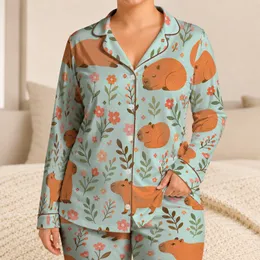 Cozy Capybara Floral Bedtime Outfit For Quiet Nights, Giftable Spring Style For Kids Satin Pajamas Set