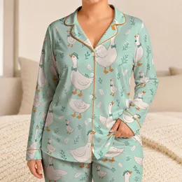Whimsical White Geese Sleep Set in Mint Aqua for Cozy Bedtime and Home Lounging For Her Satin Pajamas Set