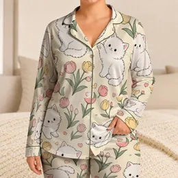 Cozy Kawaii Kittens And Tulips For Sweet Bedtime Comfort, Gift For Girls At Home Satin Pajamas Set