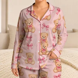 Sweet Teddy Bear Bow Outfit For Cozy Bedtime And Holiday Gifting For Kids And Girls Satin Pajamas Set