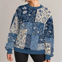 Blue Denim Patchwork Florals for Relaxed Spring and Autumn Everyday Style for Women All-over Print Knitted Sweater