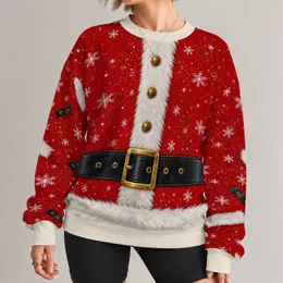 Red Santa-style costume surface with ivory faux-fur trim Gold Buttons A Black Belt And Buckle and scattered white snowflakes. All-over Print Knitted Sweater