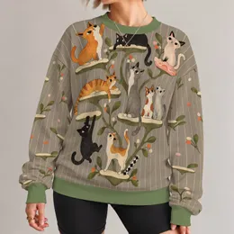 Whimsical Cats Climbing Olive Branches for Relaxed Everyday Style and Cat Lovers All-over Print Knitted Sweater