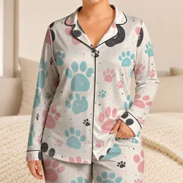 Playful Paw Motif For Spring Summer Cozy Womens Gift For Everyday Home Lounging Wear Satin Pajamas Set
