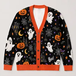 Cute Halloween Ghosts, Pumpkins and Witch Cat for Spooky Autumn Festivities All-over Print Knitted Cardigan