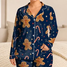Christmas Gingerbread Men And Candy Canes For Cozy Navy Winter Nights Indoors At Home Satin Pajamas Set