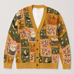 Cute Ghosts, Pumpkins and Books for Cozy Halloween Reading Season and Fall Nights All-over Print Knitted Cardigan