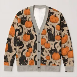 Black Cats And Orange Pumpkins For Cozy Halloween Autumn Layering All-over Print Knitted Cardigan