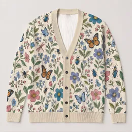 Botanical Insect Garden Motifs For Relaxed Autumn Layering Women's Nature Inspired Style All-over Print Knitted Cardigan