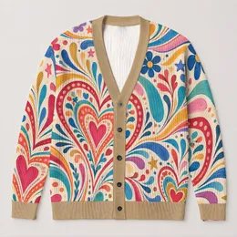 Rainbow Heart Swirls for Colorful Spring Summer Layering, Women's Casual Style Wardrobe All-over Print Knitted Cardigan