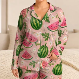 Watermelon And Blossom Motif For Summer Lounging, Soft Blush Pink For Women Summer Style Satin Pajamas Set