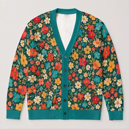 Dense Teal Floral Blooms for Colorful Everyday Autumn Layering and Cozy Casual Style All-over Print Knitted Cardigan