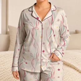 Pastel Ribbon And Star Motif For Cozy Lounge Evenings And Giftable Gifts For Women Satin Pajamas Set