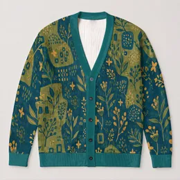 Teal Olive Folk Botanical Motifs for Cozy Autumn Layering and Everyday Style All-over Print Knitted Cardigan