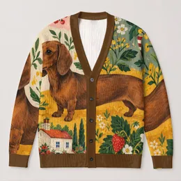 Brown Dachshund Garden Scene for Cozy Everyday Layering and Dog Lover Style All-over Print Knitted Cardigan