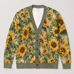 Golden Sunflower Blooms for Relaxed Everyday Country Style All-over Print Knitted Cardigan