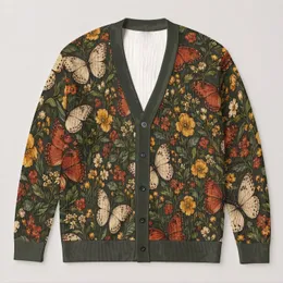 Rust And Ivory Butterflies With Wildflowers For Everyday Nature Inspired Style All-over Print Knitted Cardigan