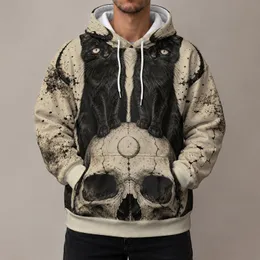Twin Black Cats Perched on Skull for Halloween Night, Gothic Casual Wear and Autumn All-over Print Hoodie (Lightweight)