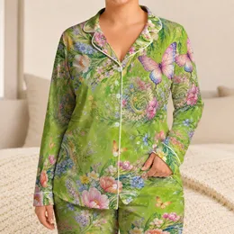 Spring Green Floral Butterfly At-Home Wear For Vacation Days And Cozy Relaxation Satin Pajamas Set