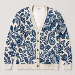 Indigo Floral And Paisley Motifs For Relaxed Everyday Layering And Creative Women All-over Print Knitted Cardigan