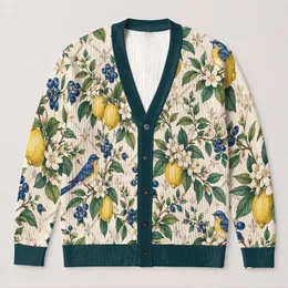 Lemon Bluebird Garden Motifs For Relaxed Summer Layering And Weekend Strolls Outdoors All-over Print Knitted Cardigan