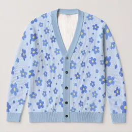 Blue Wildflower Blooms for Casual Layering and Date Nights, Plus Size Women's Style All-over Print Knitted Cardigan