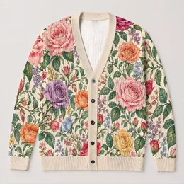 Multicolor Rose Floral Motif for Spring Vacation and Date-Night Layering, Plus Size Women All-over Print Knitted Cardigan