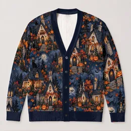 Black Cats And Jack-O-Lantern Haunted Houses For Cozy Halloween Evenings, Women's Fall All-over Print Knitted Cardigan