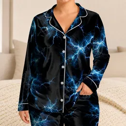 Midnight Black Electric Blue Abstract Lounge Wear For Cybertech Style Enthusiasts Satin Pajamas Set