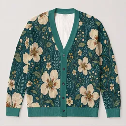 Teal Cream Floral Motif Layering Style For Beach Dates And Casual Days For Women All-over Print Knitted Cardigan