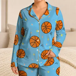 Sky Blue Basketball Motif for Game Nights, Training Days, and Casual Comfort All Day Satin Pajamas Set