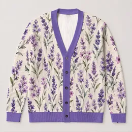 Lavender Wildflower Sprigs for Relaxed Autumn Layering and Everyday Women's Style All-over Print Knitted Cardigan