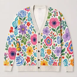 Colorful Floral Butterfly Motifs for Joyful Everyday Layering and Bright Spring Outings All-over Print Knitted Cardigan